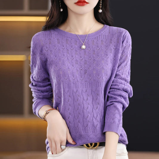 Worsted Wool Sweater Women's Spring New Western-Style Solid Color Round Neck Top With Long Sleeve Bottom Hollowed-Out Thin