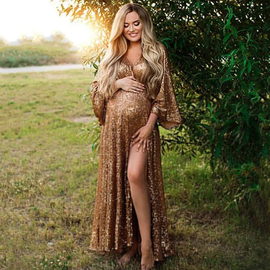 Sexy Maternity Photography Prop Dress SequinTransparent Side Slit Simple Boho Maxi Gown Pregnancy Women Photo Shoot Accessories