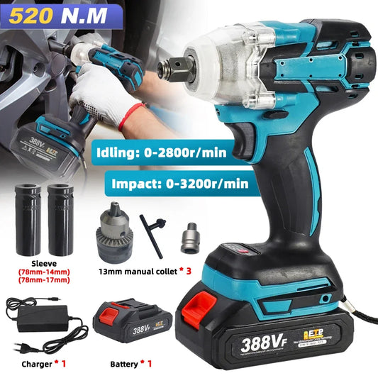 Makita 388V Battery 520N.m Cordless Electric Impact Wrench Brushless Electric, Hand Drill Socket Power Tool