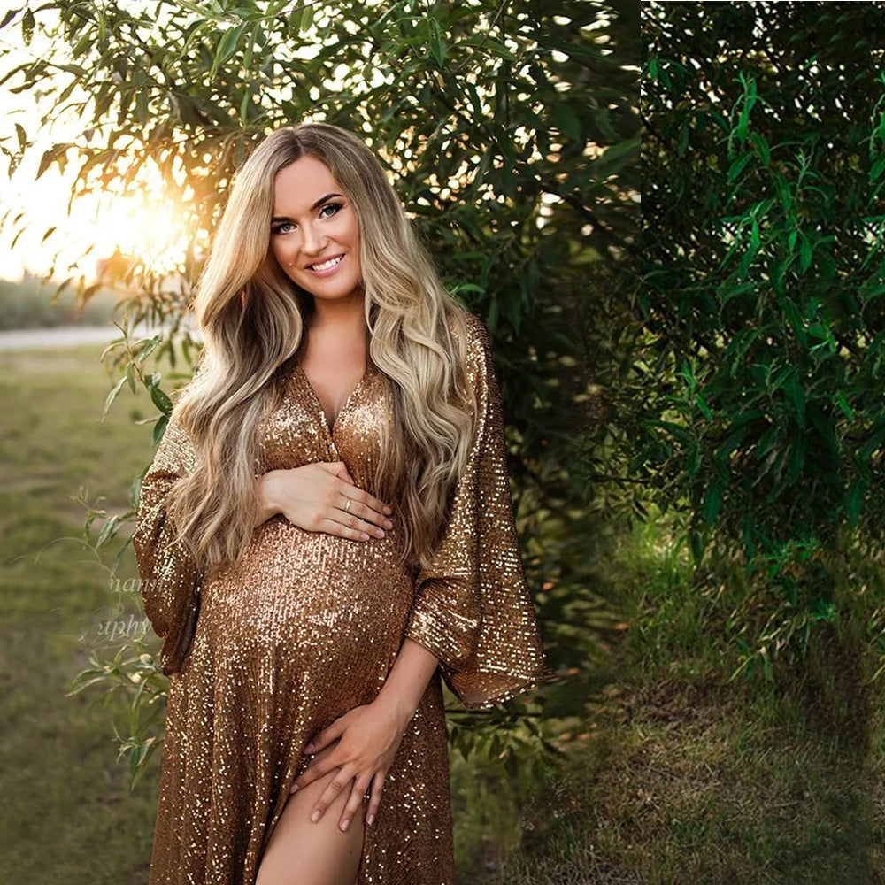 Sexy Maternity Photography Prop Dress SequinTransparent Side Slit Simple Boho Maxi Gown Pregnancy Women Photo Shoot Accessories