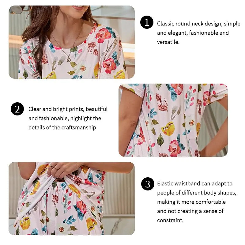 Women Short Sleeve Pajama Sets Floral Print Top And Long Pants