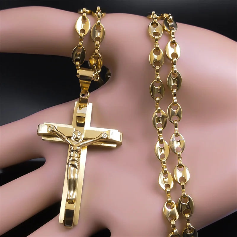 Jesus Cross Crucifix Pendant Necklace, Men Stainless Steel Gold Color Christian Coffee Bean Chain Jewelry