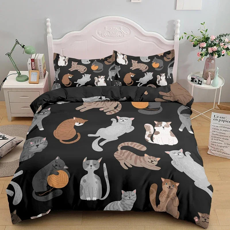 3PCS Single-sided Printed Bedding Set ,Comforter Cartoon Cute Cat Duvet Bedding Cover Pillows Comfortable Bedspreads BeddingSet