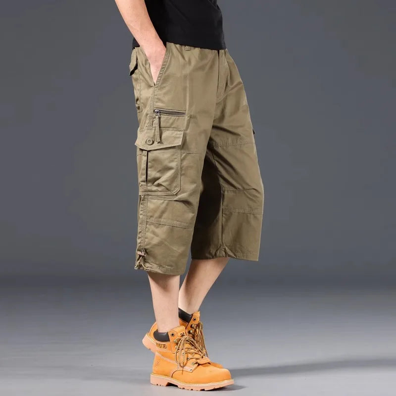 Men's Cargo Shorts Loose Casual Below Knee Pants Elastic Waist Plus Size Outdoor Jogging Tactical Capri Pants