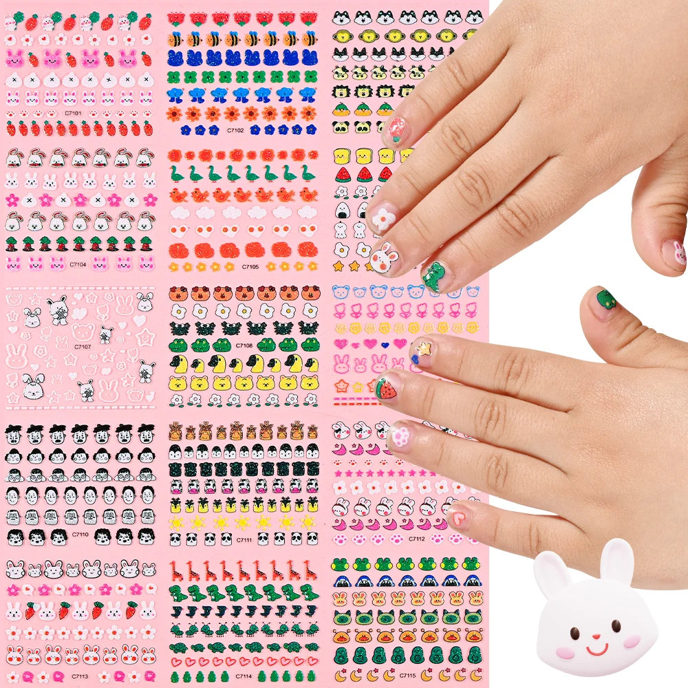 Nail Stickers with Glitter Kid Kawaii Rabbit Dog Bear Adhesive Decals Girl Cute Manicure Slider, 15pcs Children's Cartoon Animal