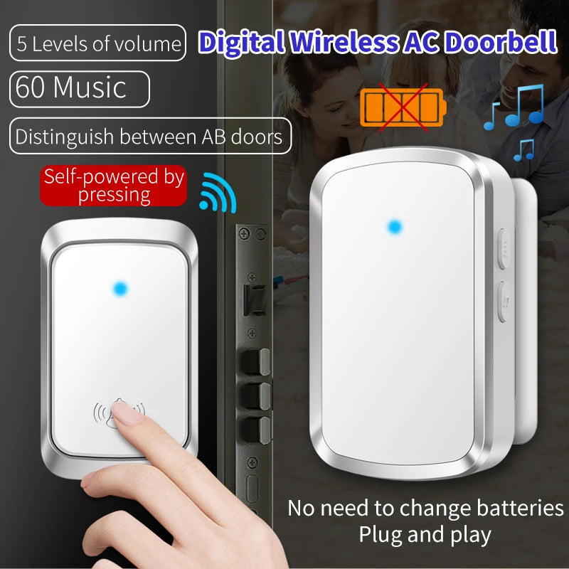 CACAZI Wireless Doorbell Waterproof Self-powered Button Smart Door Bell Sets
