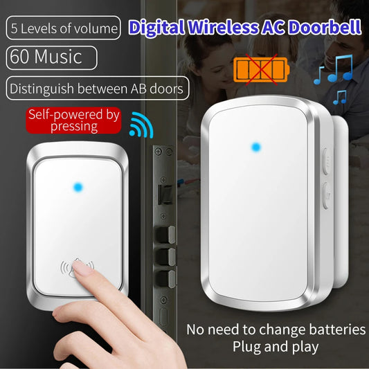 CACAZI Wireless Doorbell Waterproof Self-powered Button Smart Door Bell Sets