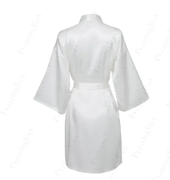 Solid Satin Night Robe, Elegant Half Sleeve V Neck House Robe With Belt, Women's Sleepwear