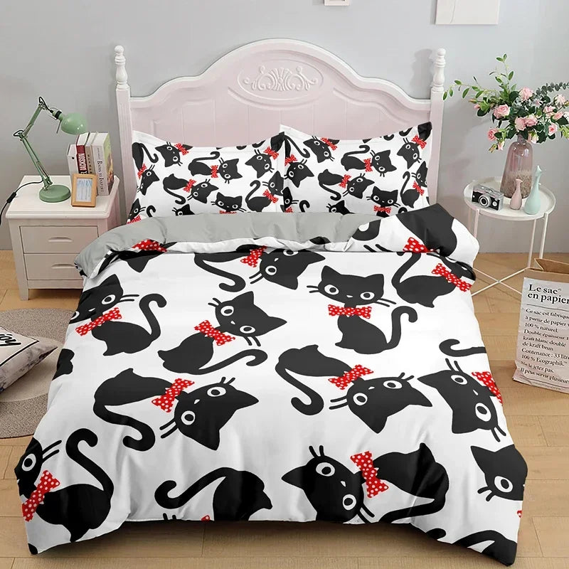 3PCS Single-sided Printed Bedding Set ,Comforter Cartoon Cute Cat Duvet Bedding Cover Pillows Comfortable Bedspreads BeddingSet