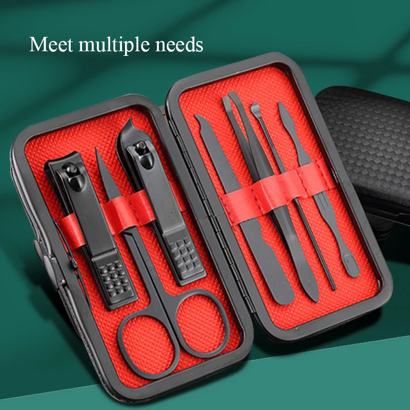 Black Nail Clipper 7Pcs Portable Set Stainless Steel Scissor Tweezer Nail Tools Kit Manicure