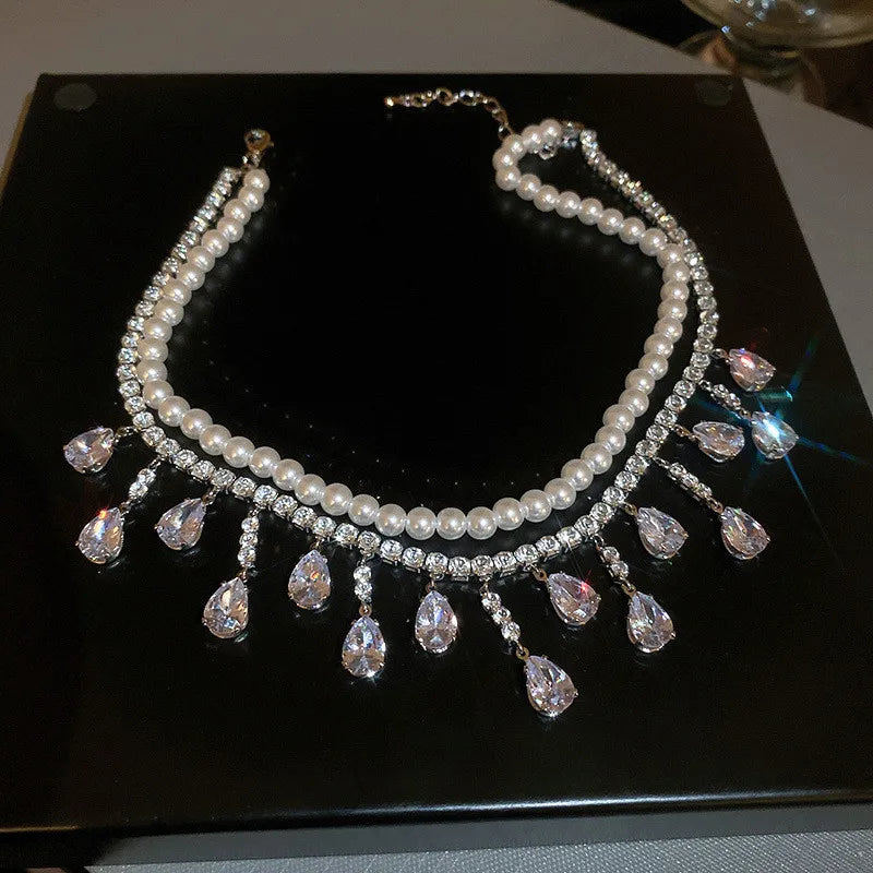 Luxury Pearl Choker Necklaces for Women Tassel Water Drop Zircon Crystal Necklaces Wedding Banquet Jewelry