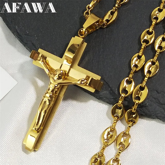 Jesus Cross Crucifix Pendant Necklace, Men Stainless Steel Gold Color Christian Coffee Bean Chain Jewelry