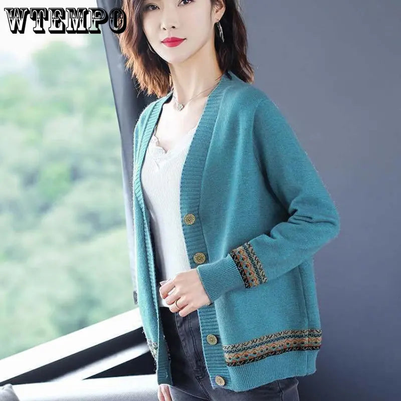 Women's Knitted Cardigan Long Sleeve Korean Loose V-Neck Button Sweaters Coat Female Clothing