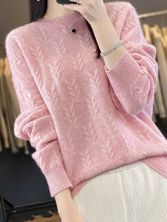 Luxury Woman Sweater Pure Wool O-neck Pullover Long Sleeve Cashmere Jumpers Autumn Winter Thick Warm Jacquard Weave New Knitwear