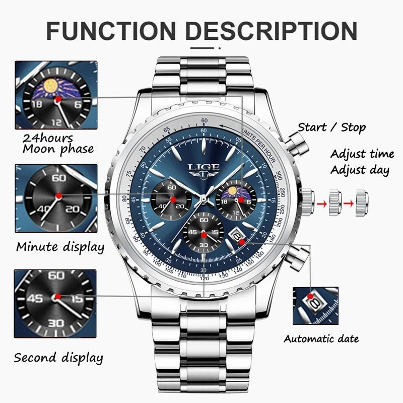 LIGE Top Brand Men's Luxury Wrist  Watches