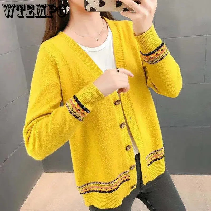 Women's Knitted Cardigan Long Sleeve Korean Loose V-Neck Button Sweaters Coat Female Clothing