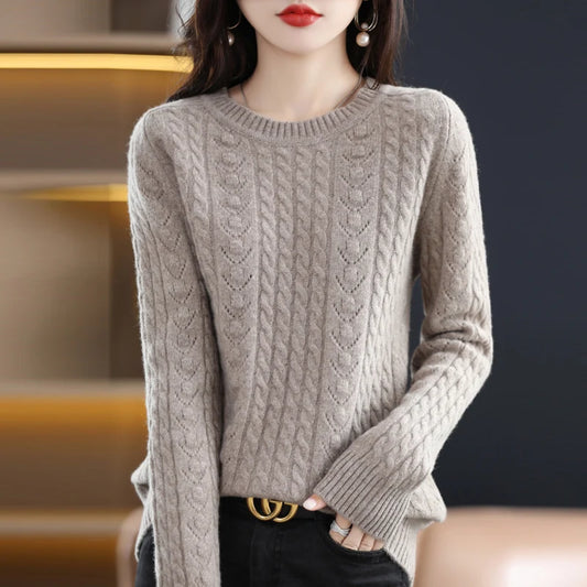 Pure 100%  Wool Women's O-Neck Pullover Cashmere Sweater Autumn Winter Hollow Solid Color Knit Long Sleeve Top