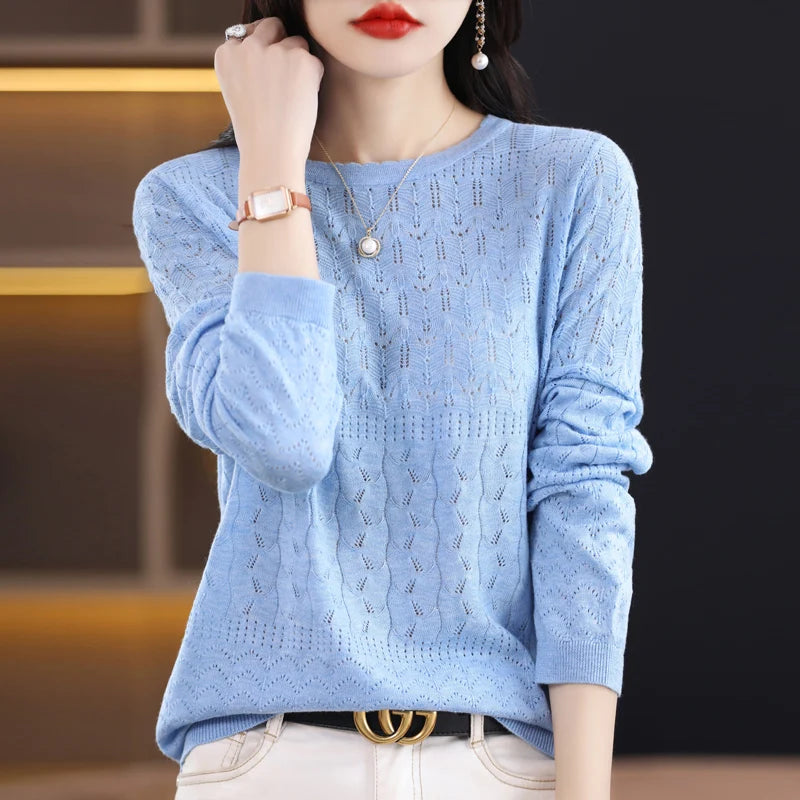 Worsted Wool Sweater Women's Spring New Western-Style Solid Color Round Neck Top With Long Sleeve Bottom Hollowed-Out Thin