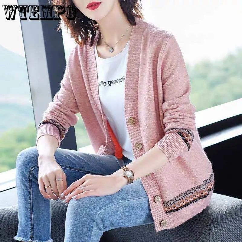 Women's Knitted Cardigan Long Sleeve Korean Loose V-Neck Button Sweaters Coat Female Clothing