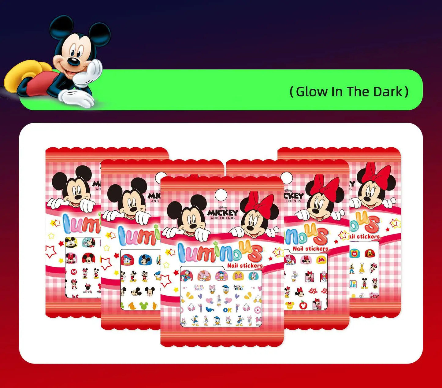 Random 1Pcs Disney Luminous Night Cartoon Frozen Princess Pooh Bear Snow White Nail Stickers Minnie Mickey Stickers