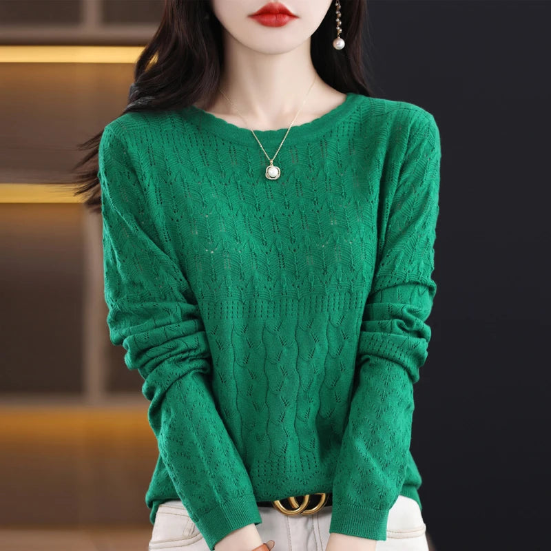 Worsted Wool Sweater Women's Spring New Western-Style Solid Color Round Neck Top With Long Sleeve Bottom Hollowed-Out Thin