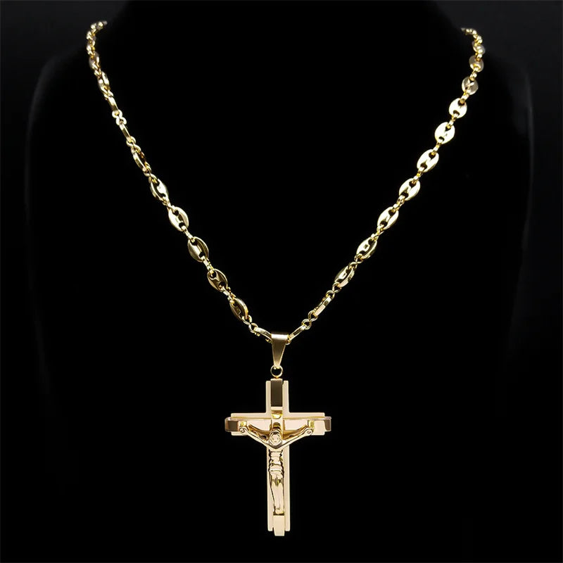 Jesus Cross Crucifix Pendant Necklace, Men Stainless Steel Gold Color Christian Coffee Bean Chain Jewelry