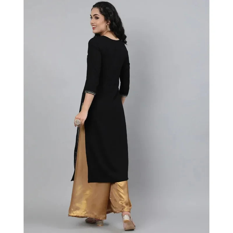 Women Black High Quality Embroidery Straight Kurta Kurti Top Tunic Dress