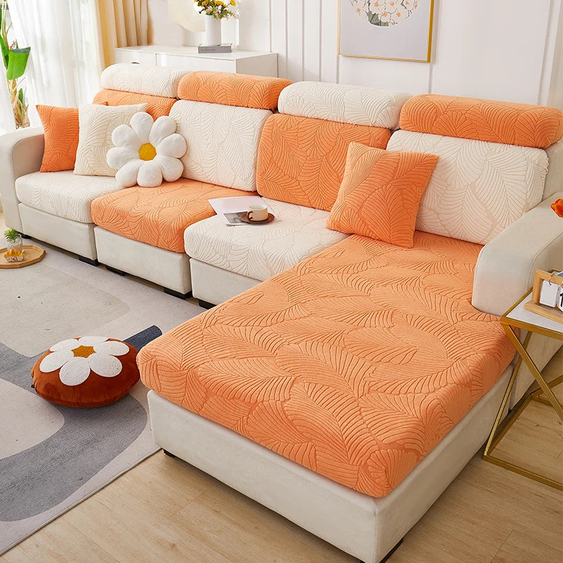 Sofa cover Leaves Jacquard Polar fleece stretchy , all seasons for living room, protector for pets/kids
