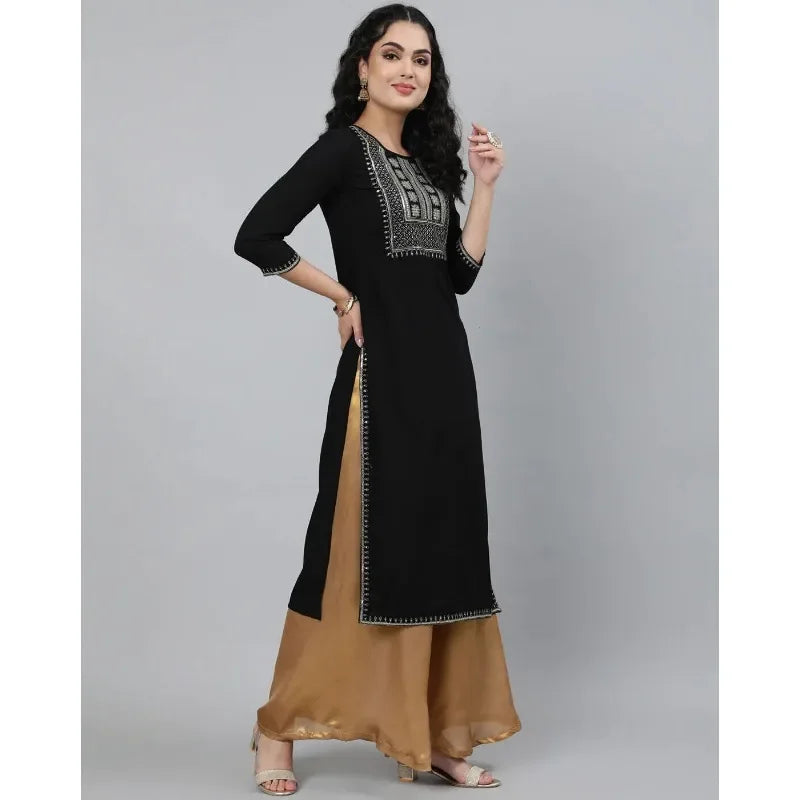 Women Black High Quality Embroidery Straight Kurta Kurti Top Tunic Dress