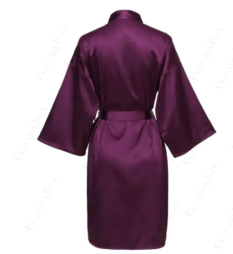 Solid Satin Night Robe, Elegant Half Sleeve V Neck House Robe With Belt, Women's Sleepwear