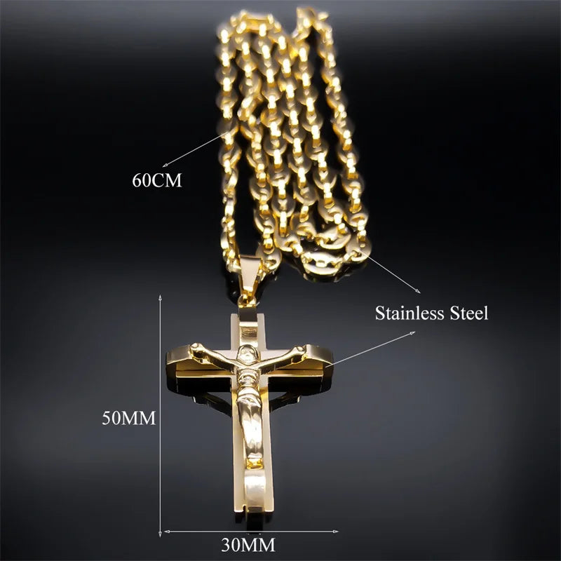 Jesus Cross Crucifix Pendant Necklace, Men Stainless Steel Gold Color Christian Coffee Bean Chain Jewelry