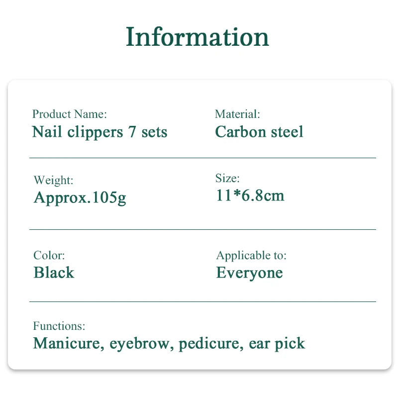 Black Nail Clipper 7Pcs Portable Set Stainless Steel Scissor Tweezer Nail Tools Kit Manicure
