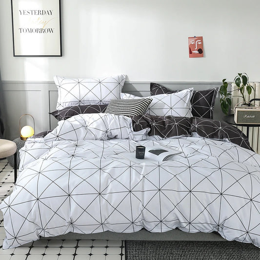 Comforter Cover 3 PCS  Bedding Set Black & White Geometric Quilt Cover with 2 Pillow Shams, Queen King Duvet Cover