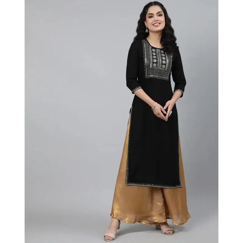 Women Black High Quality Embroidery Straight Kurta Kurti Top Tunic Dress