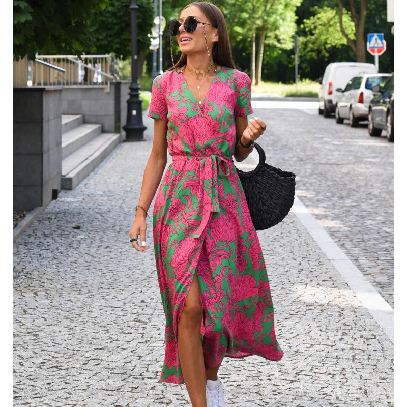 Summer Polka Dot Split Hem Long Dress Women  New Fashion V Neck Print Sundress