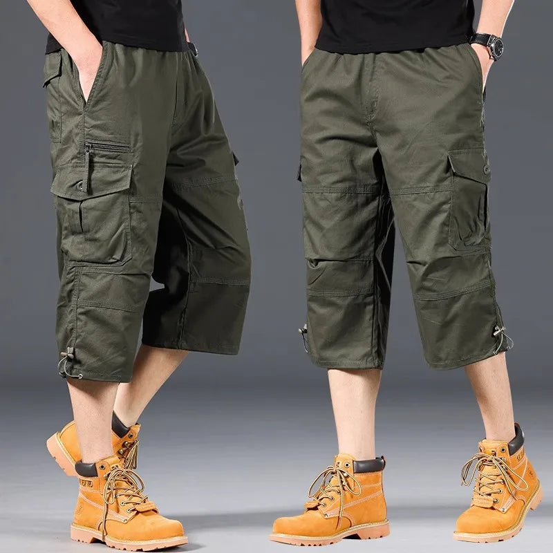 Men's Cargo Shorts Loose Casual Below Knee Pants Elastic Waist Plus Size Outdoor Jogging Tactical Capri Pants