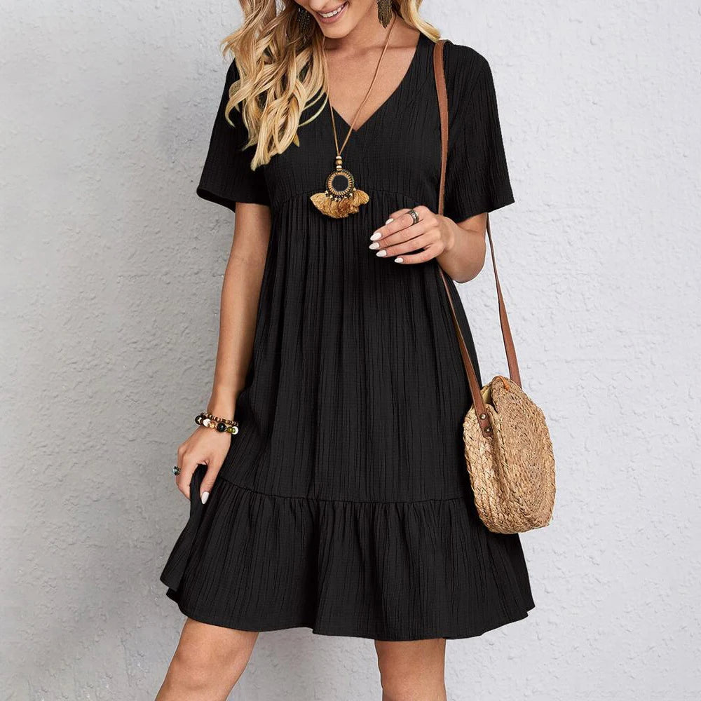 Summer Womens Short Sleeve Mini Dress Ladies Pleated Ruffle Solid Dresses Casual V Neck Vintage Loose Vestidos