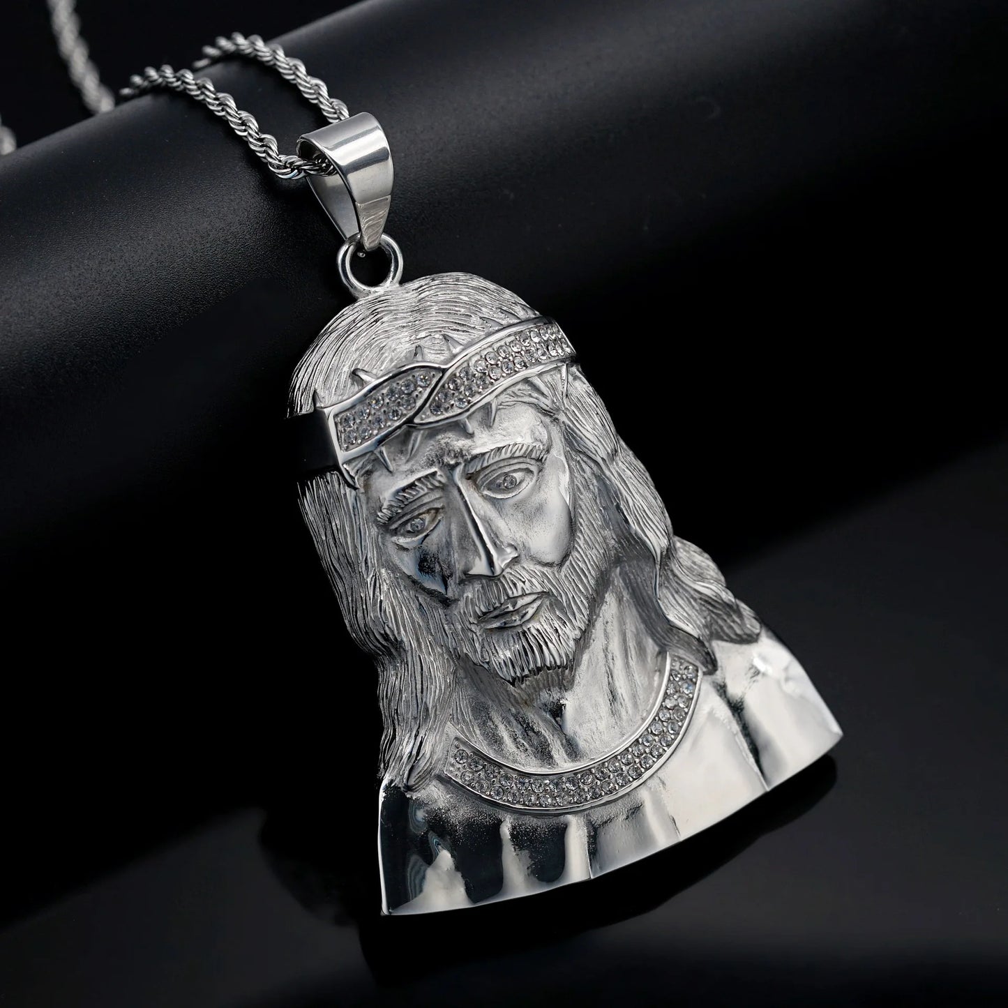 Big Jesus Head Pendant Necklaces Men Gold Color Stainless Steel Christian Necklace