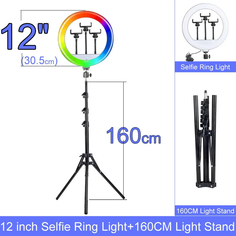 RGB 10 12 14 Inch Dimmable LED Selfie Ring Light with Stand 160cm 175cm Tripod Lamp Photography Ringlight Phone Studio Desktop