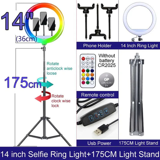 RGB 10 12 14 Inch Dimmable LED Selfie Ring Light with Stand 160cm 175cm Tripod Lamp Photography Ringlight Phone Studio Desktop