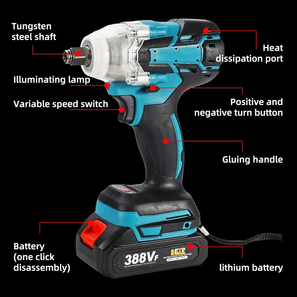 Makita 388V Battery 520N.m Cordless Electric Impact Wrench Brushless Electric, Hand Drill Socket Power Tool