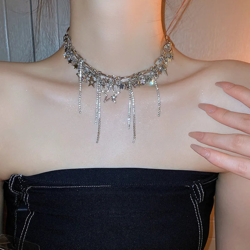 New Punk Style Bling Bling Silver Chain Star Tassel Choker Necklace For Women Korean Jewelry Party Collares Necklace