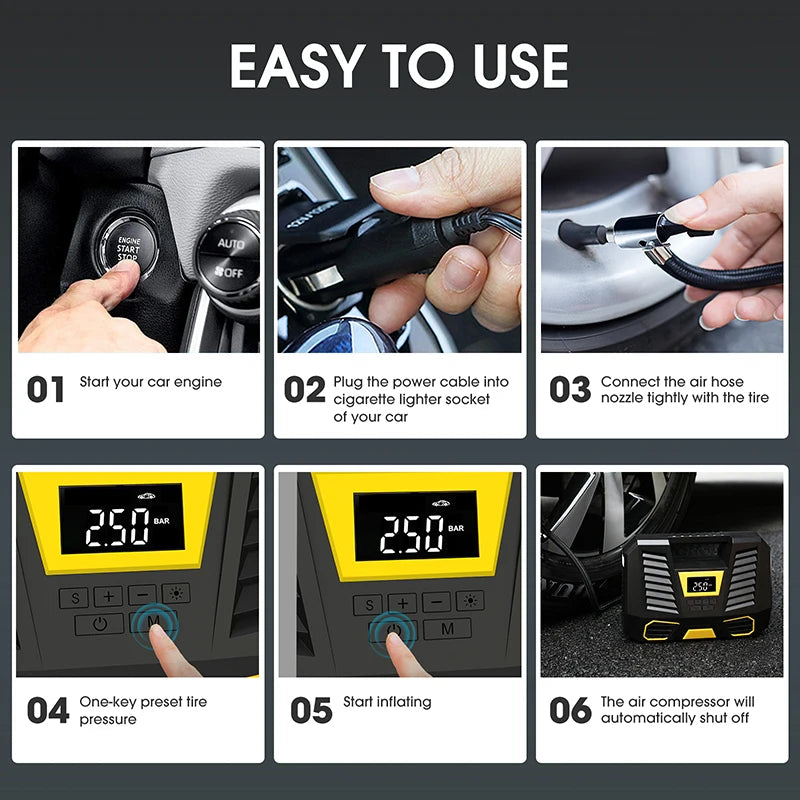 Car Inflation Pump Portable Air Compressor 12V Intelligent Pump 150PSI Fast Inflation Travel Emergency Suitable for Motorcycles