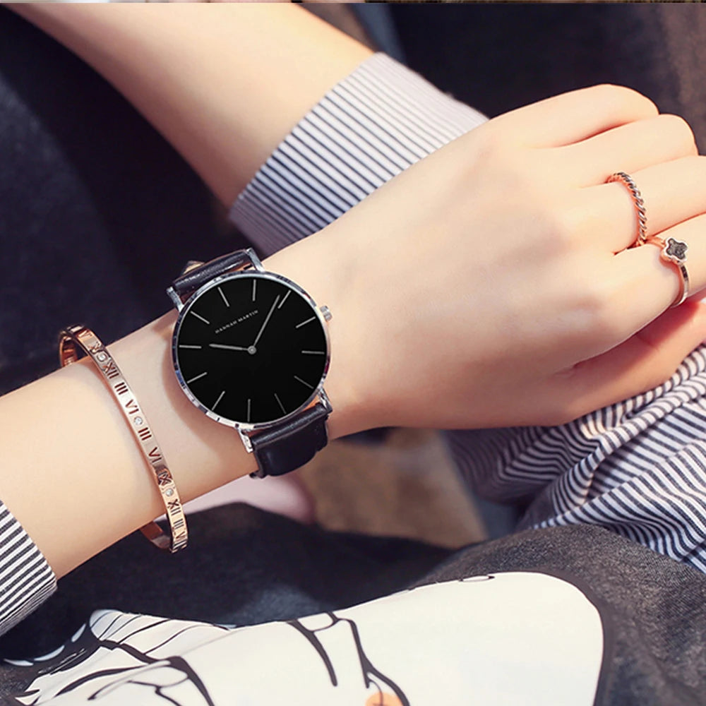 Hannah Martin Brand Couple Watch 6.9mm Ultra Thin Men's Quartz Wristwatches Japanese Movement Leather Fashion Simple Women Watch