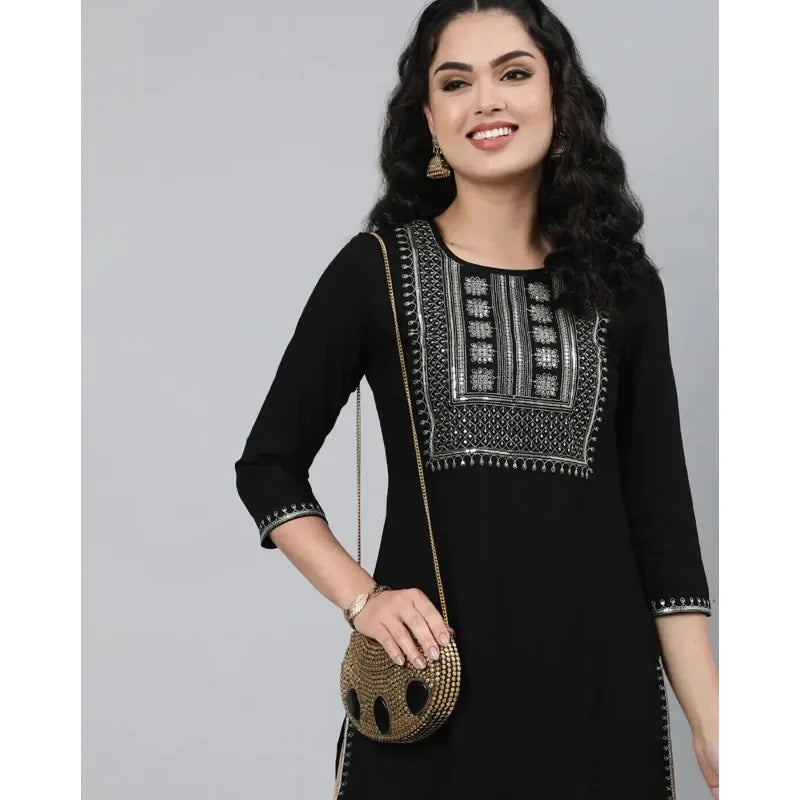 Women Black High Quality Embroidery Straight Kurta Kurti Top Tunic Dress