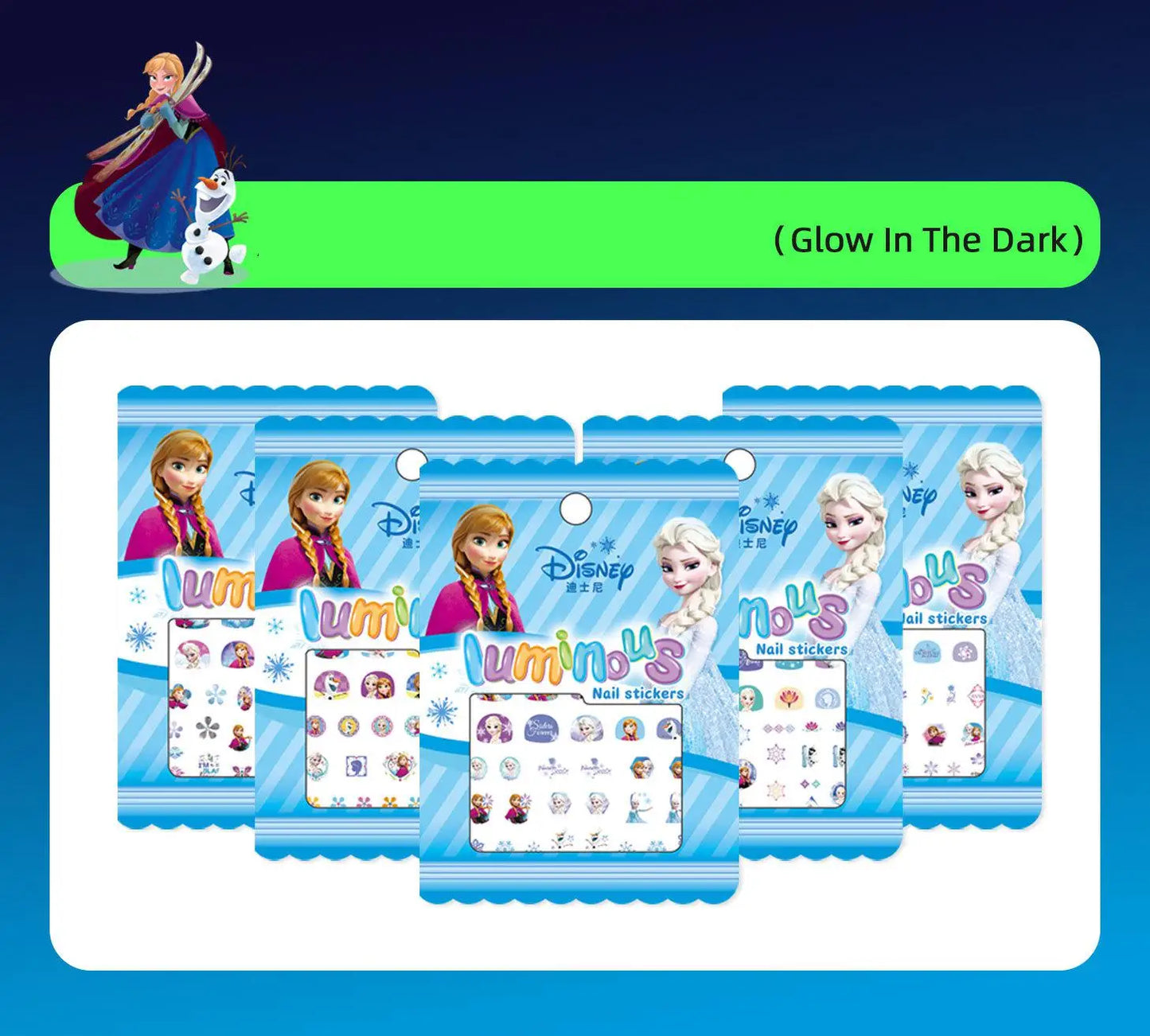 Random 1Pcs Disney Luminous Night Cartoon Frozen Princess Pooh Bear Snow White Nail Stickers Minnie Mickey Stickers