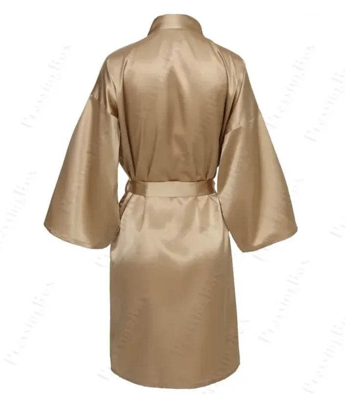 Solid Satin Night Robe, Elegant Half Sleeve V Neck House Robe With Belt, Women's Sleepwear