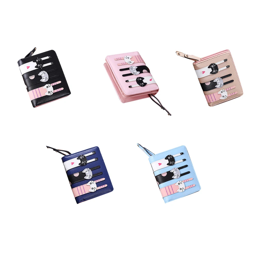 Women PU Leather Short Three Cats Bifold Clutch Wallet Card Holder Purse