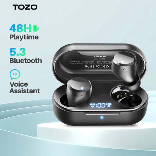 TOZO T12 Bluetooth Earphones ,Wireless Earbuds With Premium Sound Smart Touch , LED Digital Display , 48H Play For Sports
