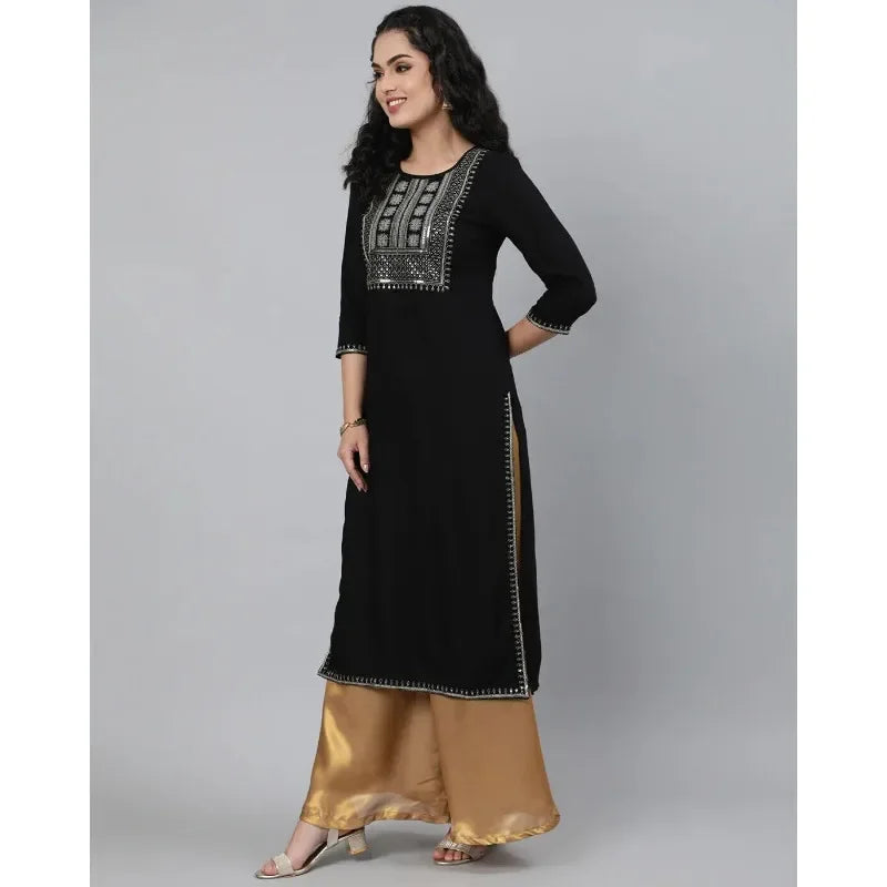 Women Black High Quality Embroidery Straight Kurta Kurti Top Tunic Dress